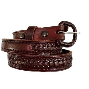 Vintage Carved belt leather brown natural neutral woven style boho western euc